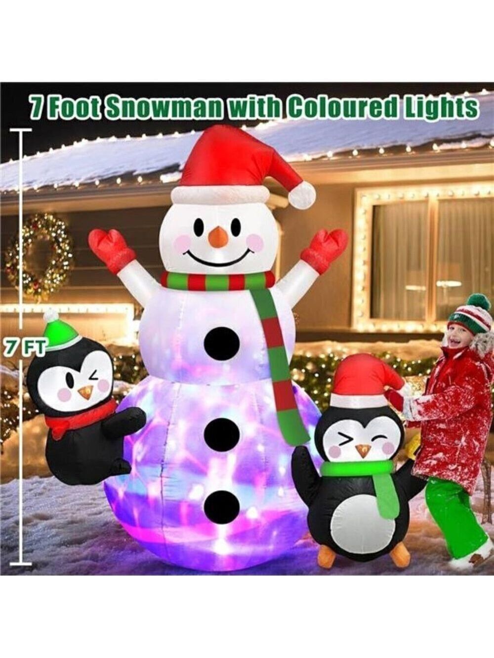 7 FT Christmas Inflatable Snowman Penguins Built-in Rotating Colorful LED Lights